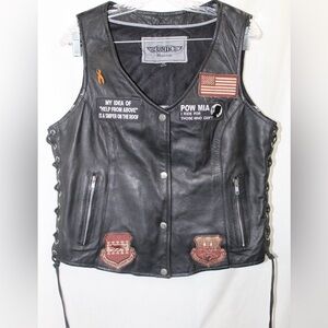 UNIK Leather Motorcycle Vest With Armed Forces Patches Size XL